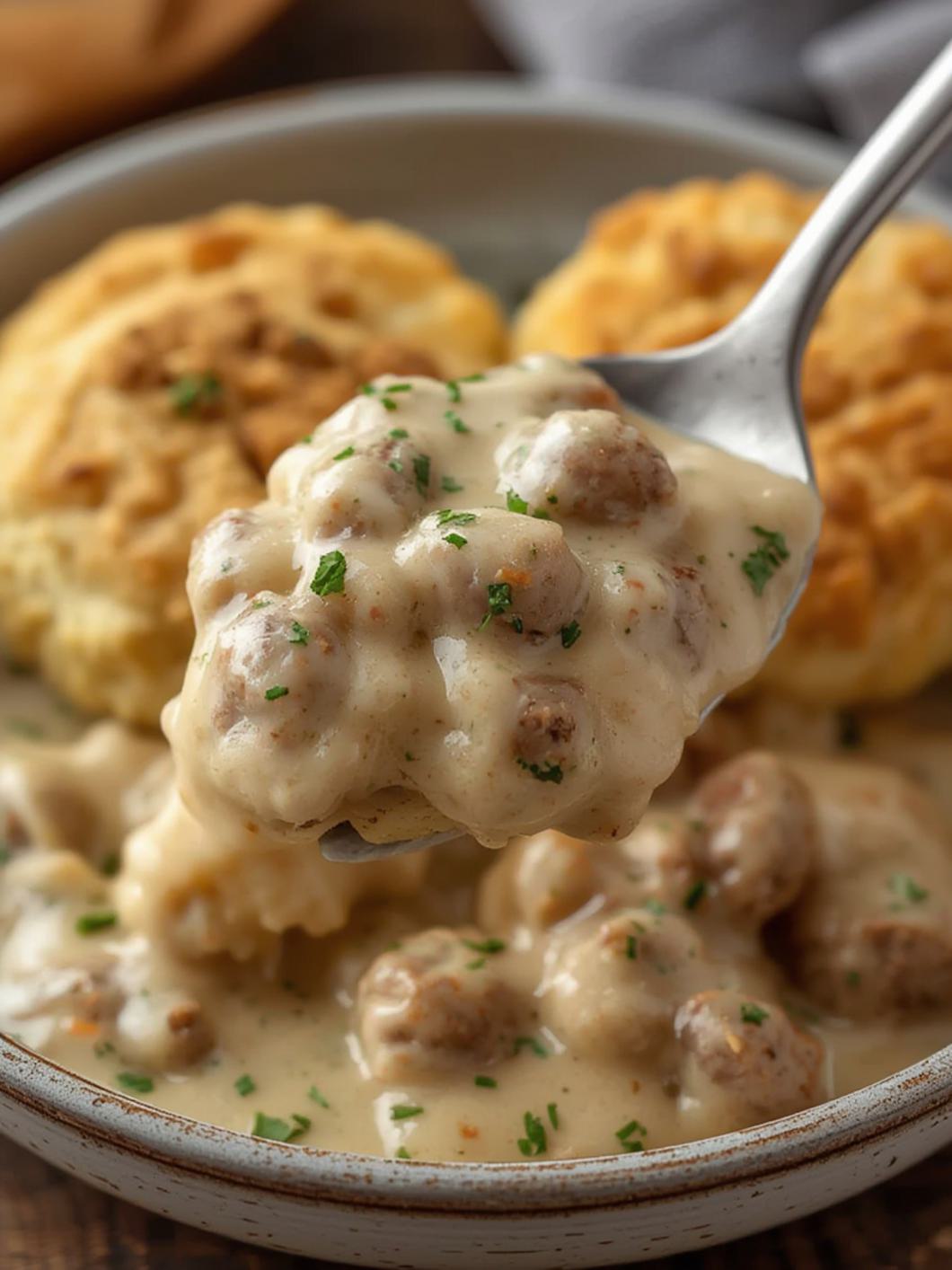 Serving suggestion for Buttermilk Biscuits And Sausage Cream Gravy