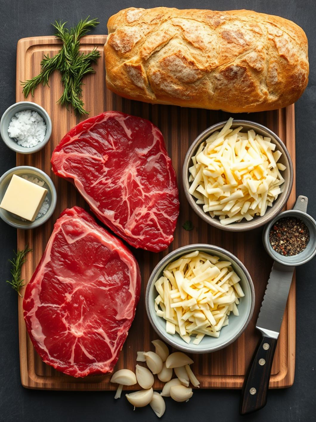 Ingredients for Gooey Garlic Butter Steak Sandwich