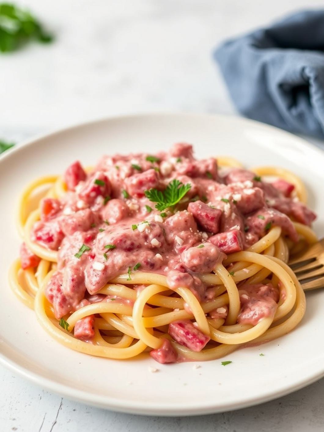 Serving suggestion for Pink Beet Alfredo Pasta