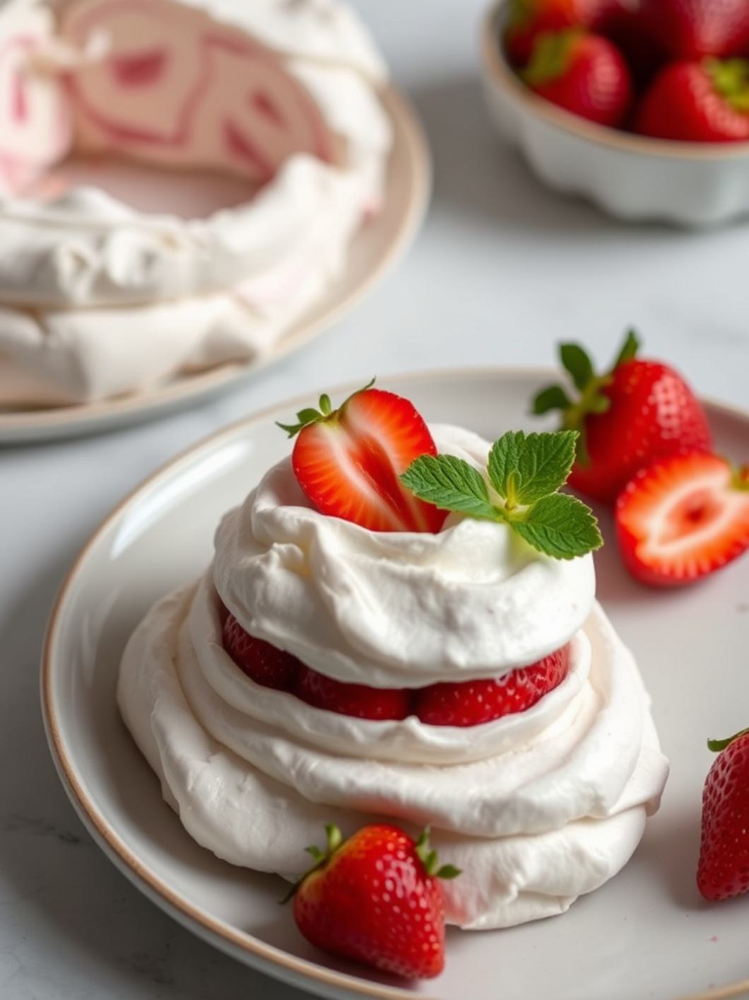 Serving suggestion for Strawberry Rose Pavlova