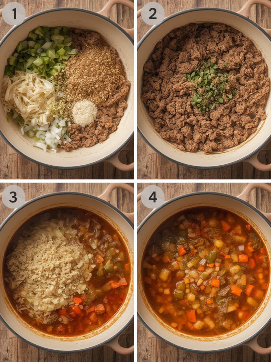 Step-by-Step preparation for Ground Beef Cabbage Soup