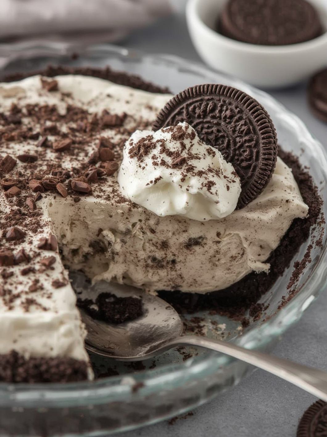 Serving suggestion for No Bake Oreo Pudding Pie