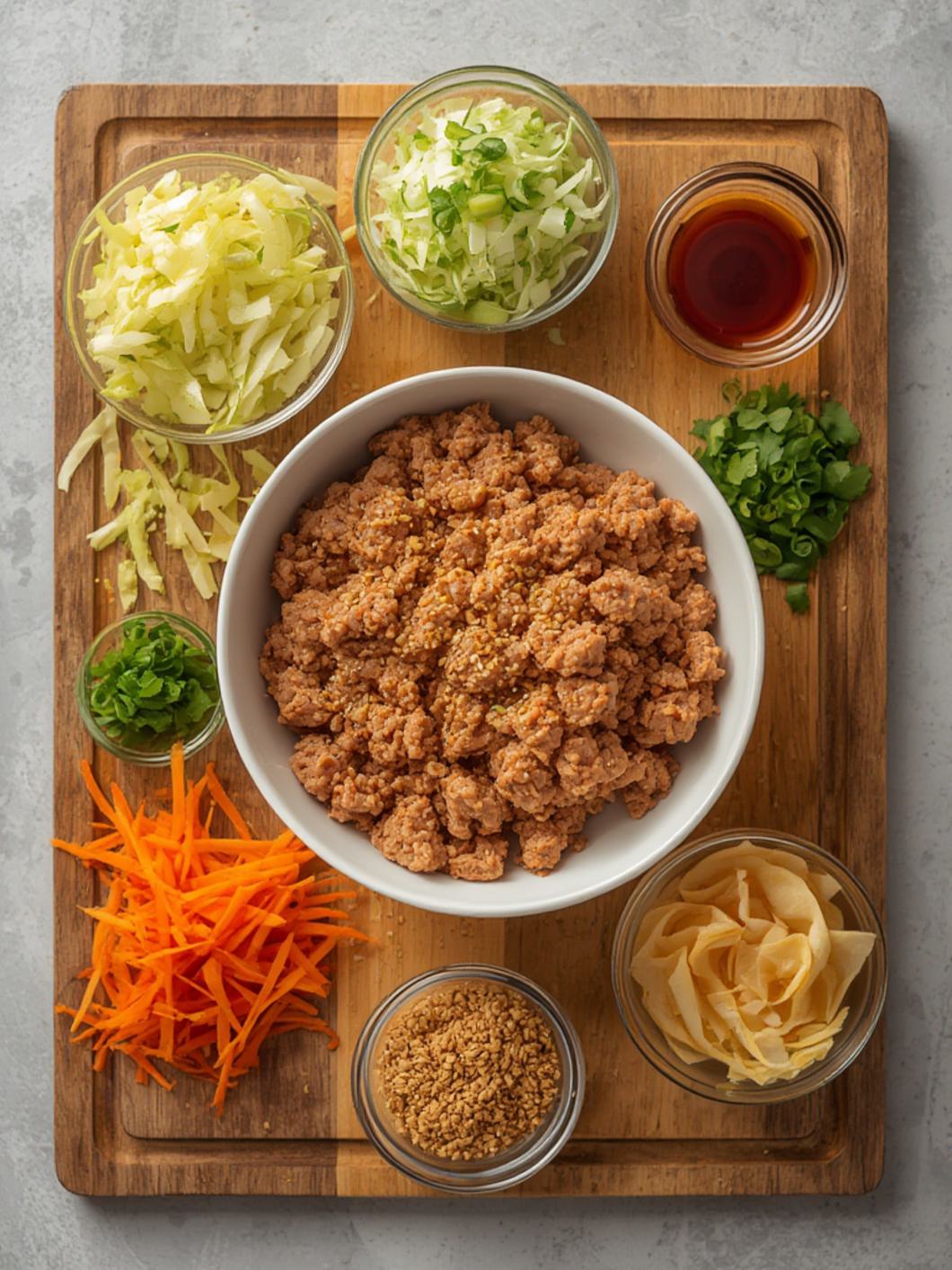 Ingredients for chicken egg roll in a bowl