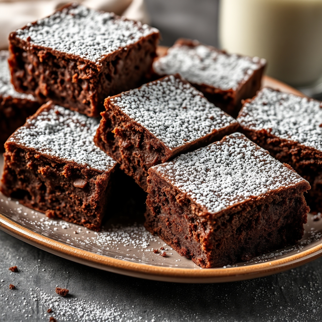 Hero image of fudgy brownies with milk, brownie recipe