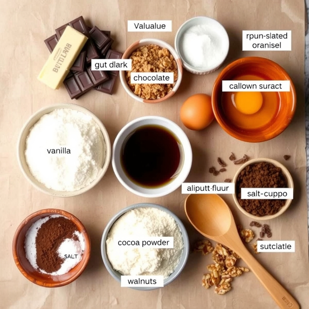 Flat lay of brownie ingredients: butter, chocolate, sugars, eggs, flour, cocoa, walnuts