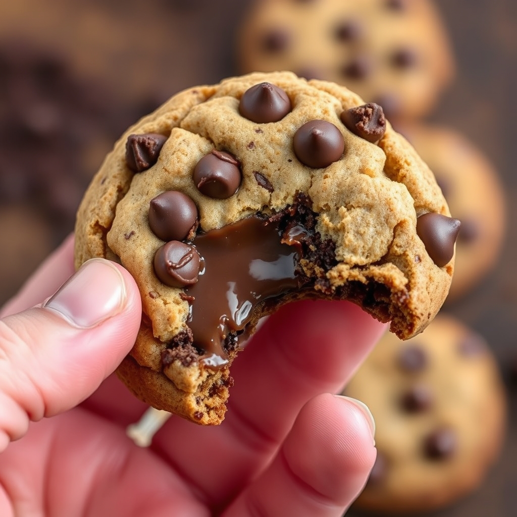 Gooey chewy chocolate chip cookie showing soft center
