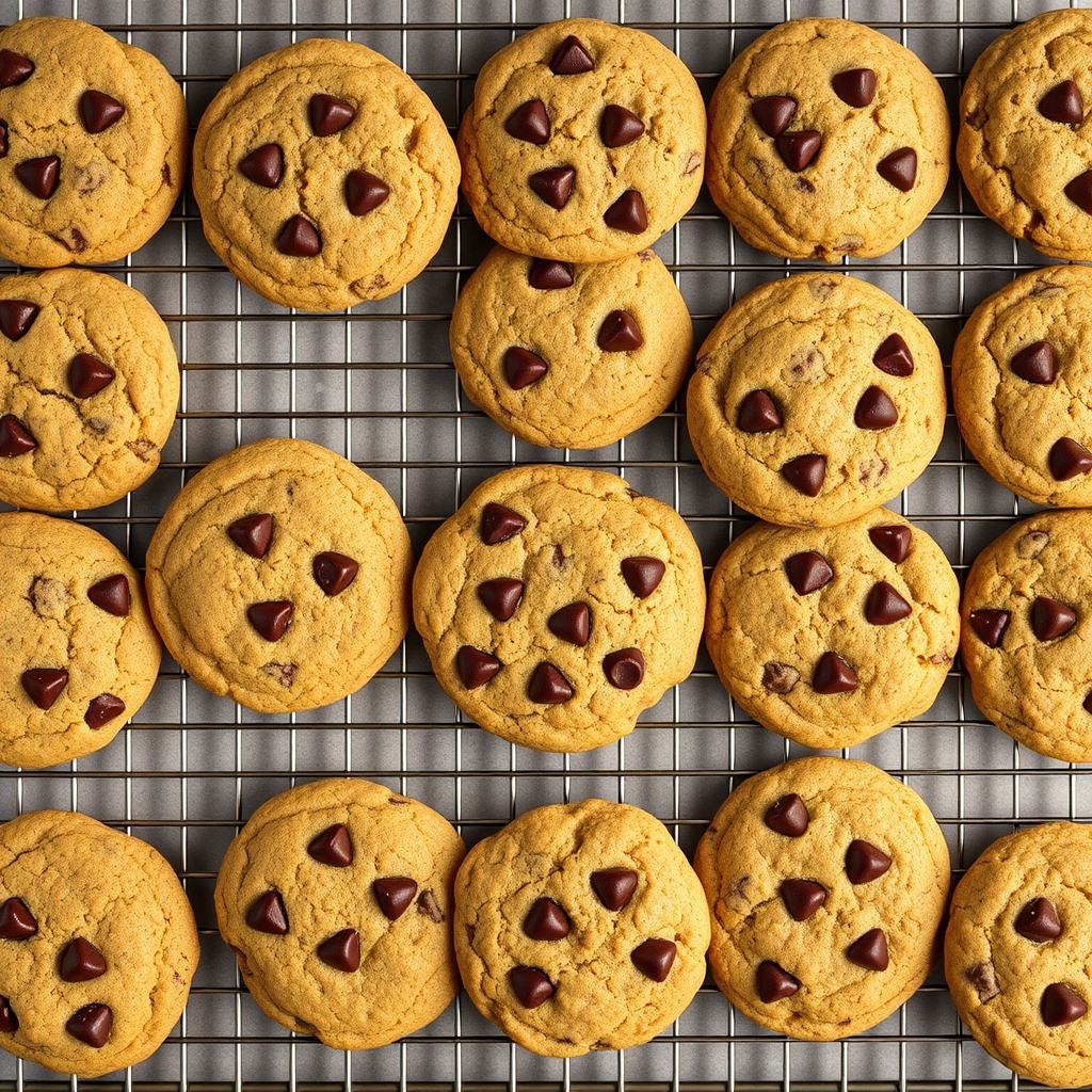 Ultimate chocolate chip cookie recipe final result overhead flat lay