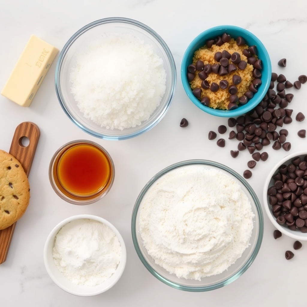 Chocolate chip cookie recipe ingredients flat lay overhead