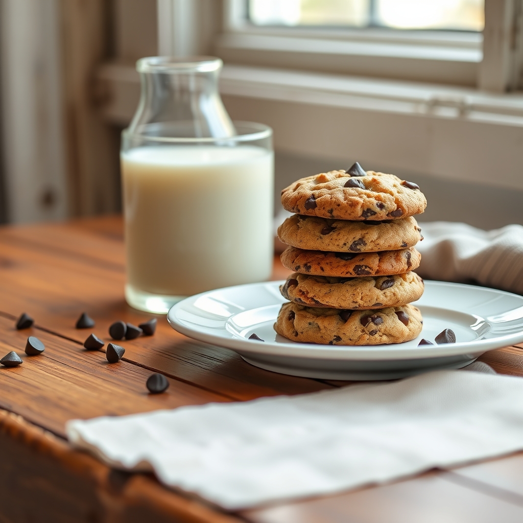 Stack of chocolate chip cookies with glass of cold milk