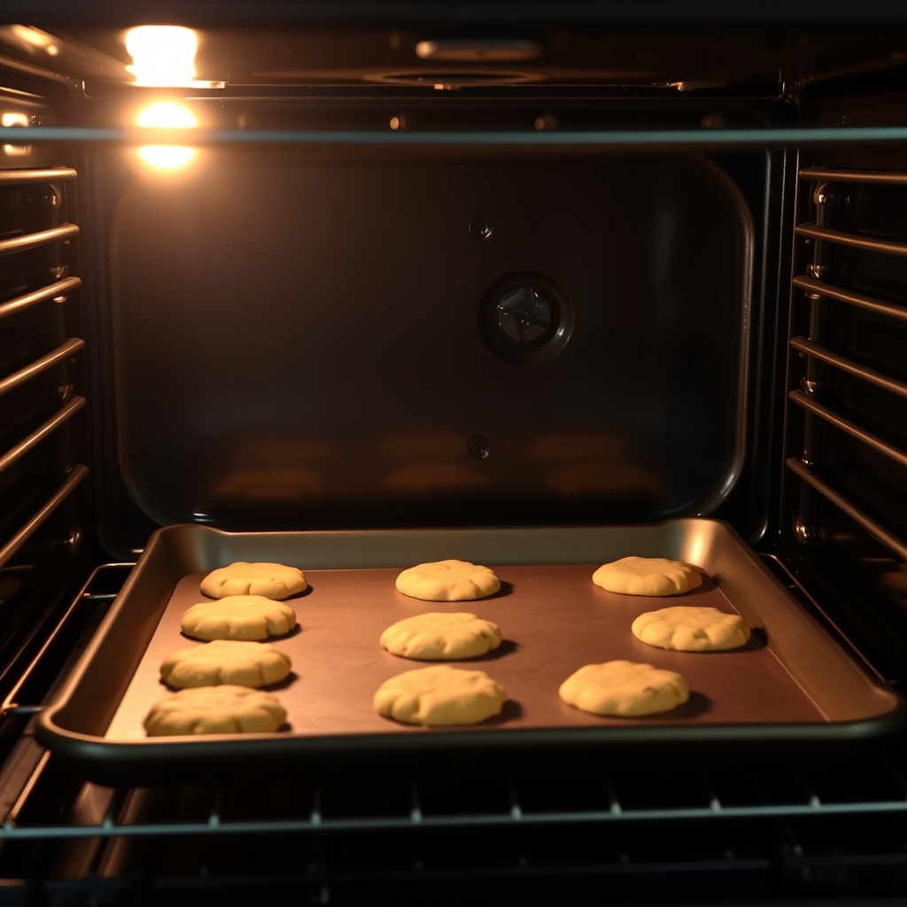 Baking chocolate chip cookies in oven golden brown