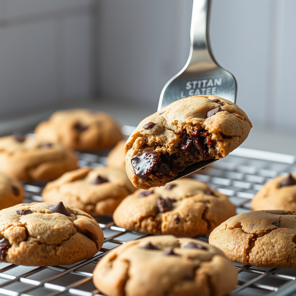 Cooling freshly baked chocolate chip cookies on wire rack