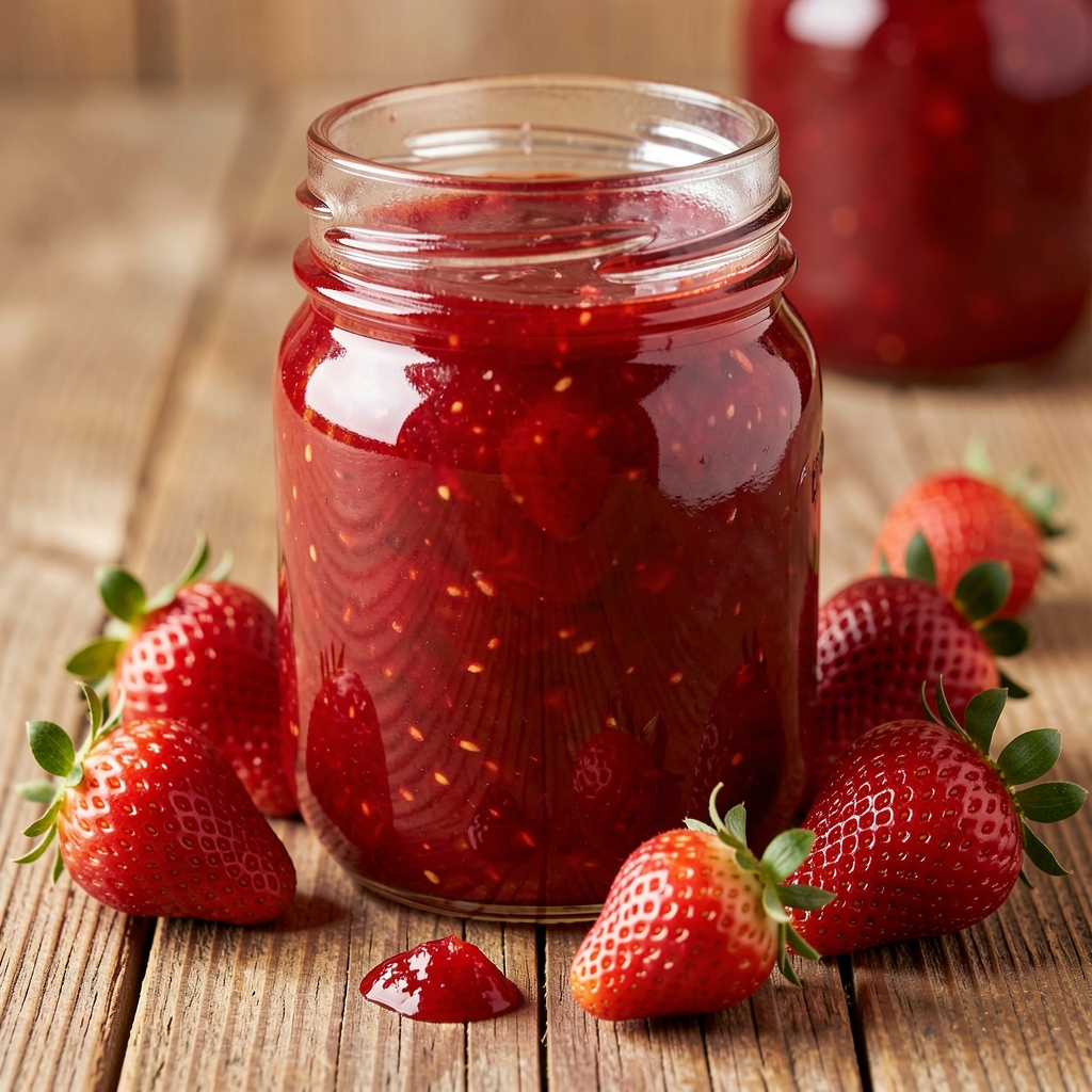 A clear glass jar filled with glossy, vibrant red homemade strawberry jam on a rustic wooden table