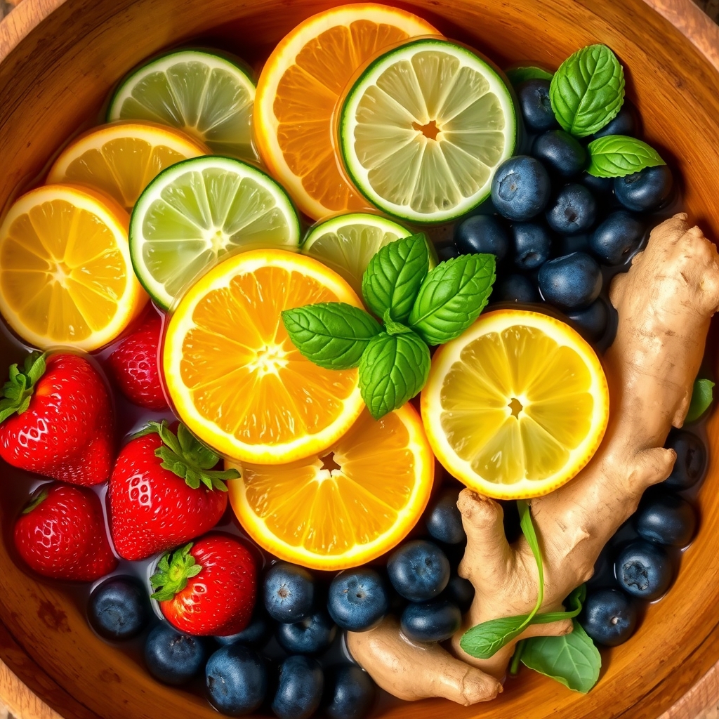 Flat lay of infused water ingredients: citrus, berries, herbs