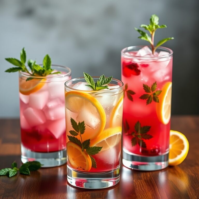 Glasses of infused water with ice and fruit garnish