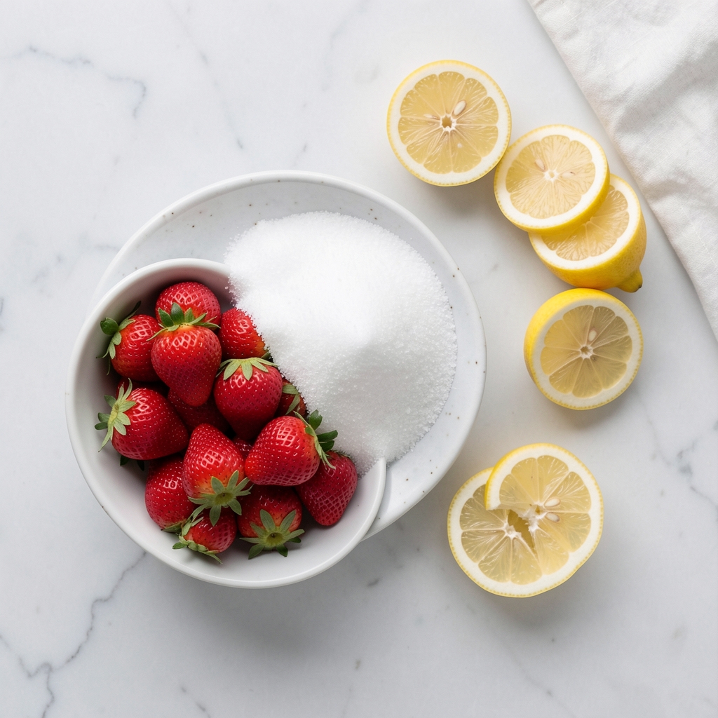 Fresh ripe red strawberries, granulated white sugar, and fresh lemons on a clean countertop