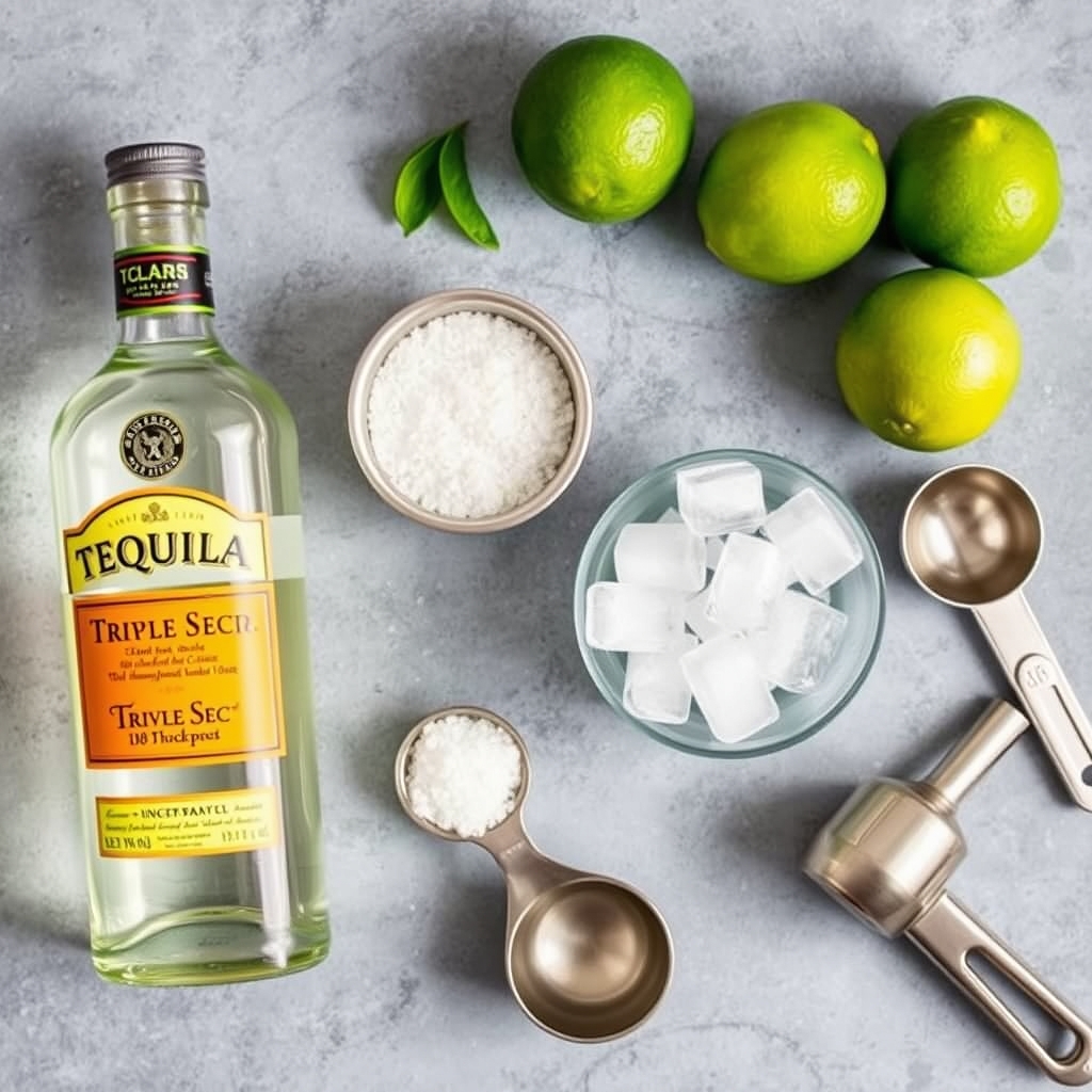 Flat lay of margarita ingredients: tequila, triple sec, lime, salt, ice