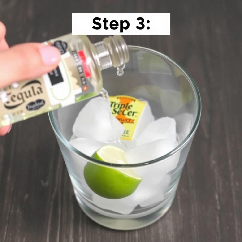 Pouring tequila, triple sec, lime juice into shaker with ice