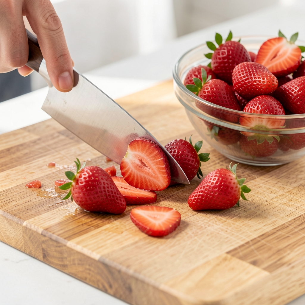 Fresh strawberries being hulled and halved on a wooden cutting board with a knife