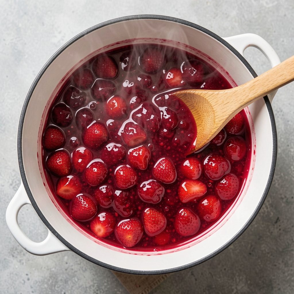 Ruby-red strawberry jam bubbling and simmering gently in a pot with steam rising