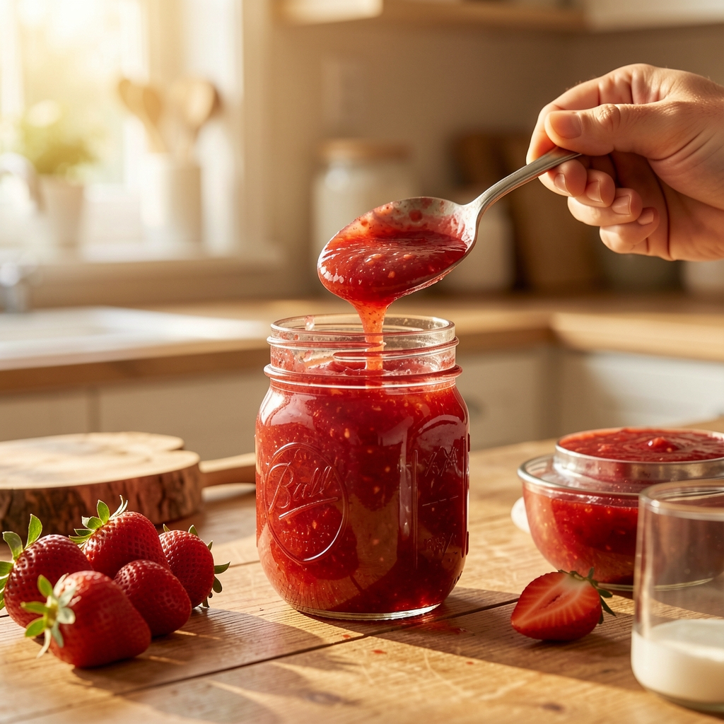 Warm homemade strawberry jam being ladled into clear glass mason jars